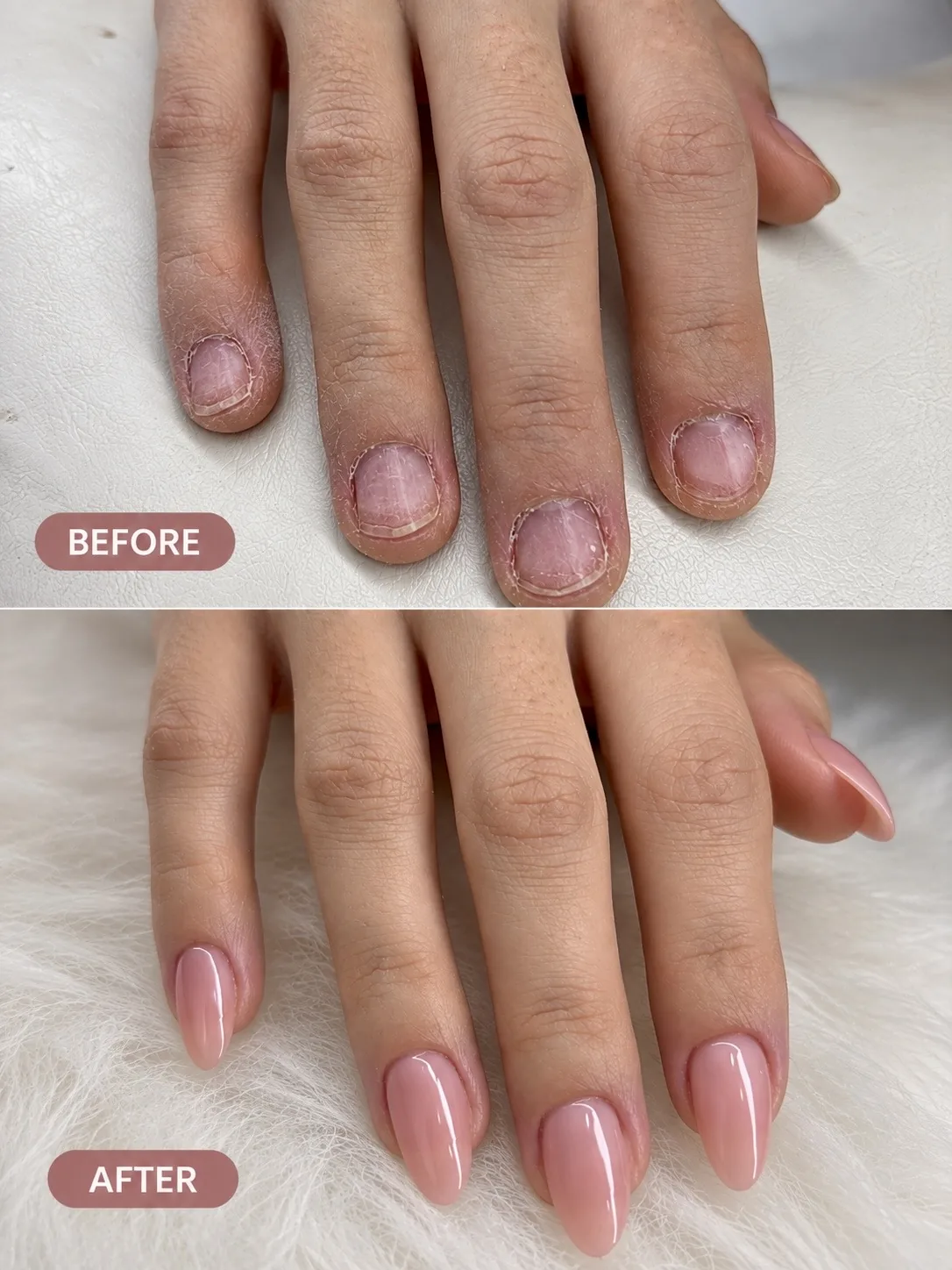 before and after Russian manicure at AyuriNails Beauty Lounge Makati, dry bitten nails and cuticles transformed to long, glossy nude almond nails
